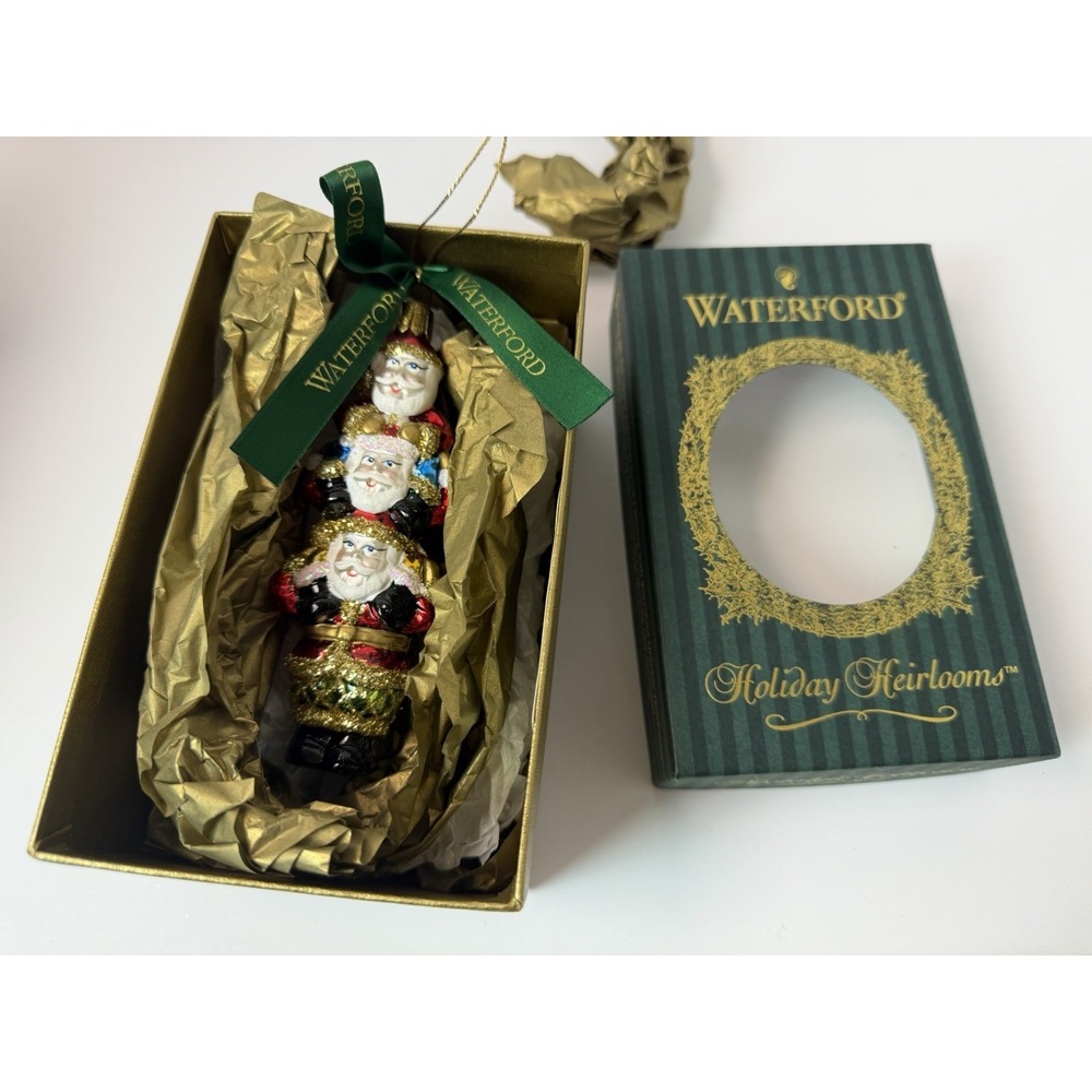 Waterford Holiday Heirlooms Blown Glass Ornament Three Santa's